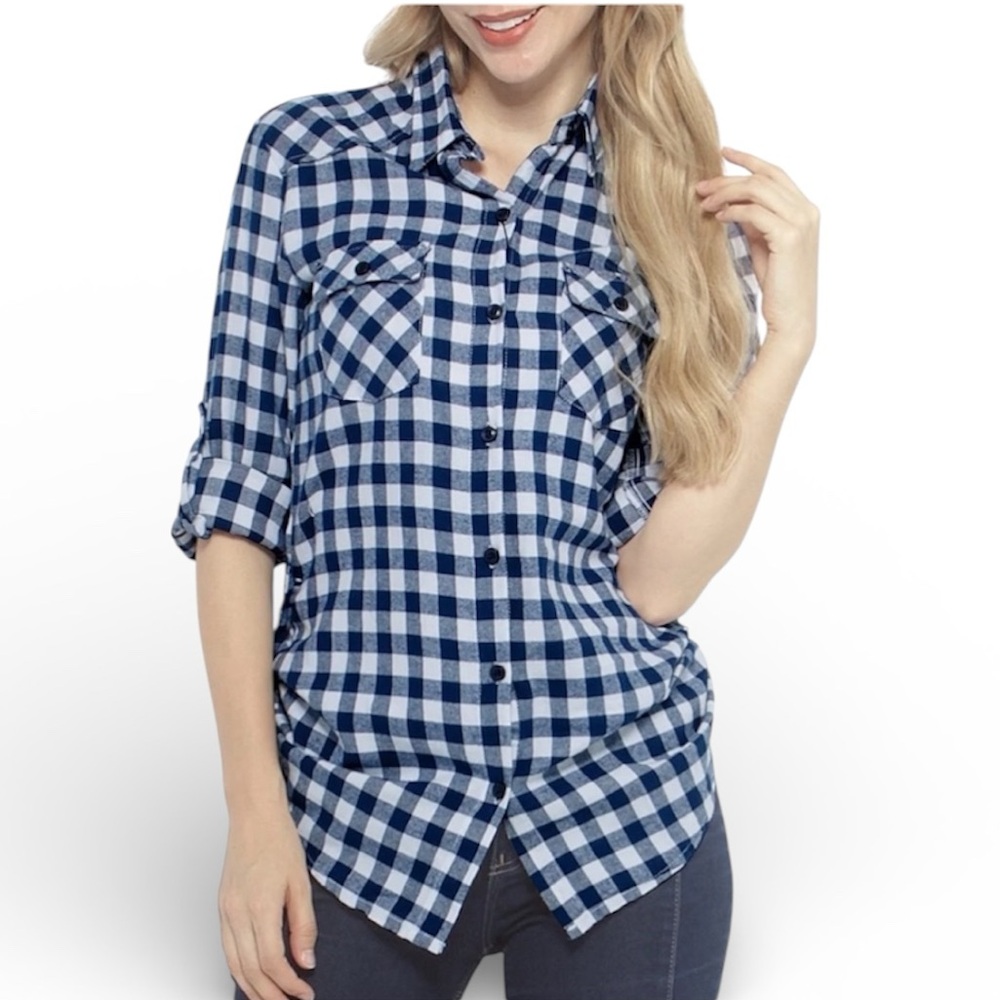 Anthropologie Sanctuary Blue & White Check Button Front Lightweight Top Size S